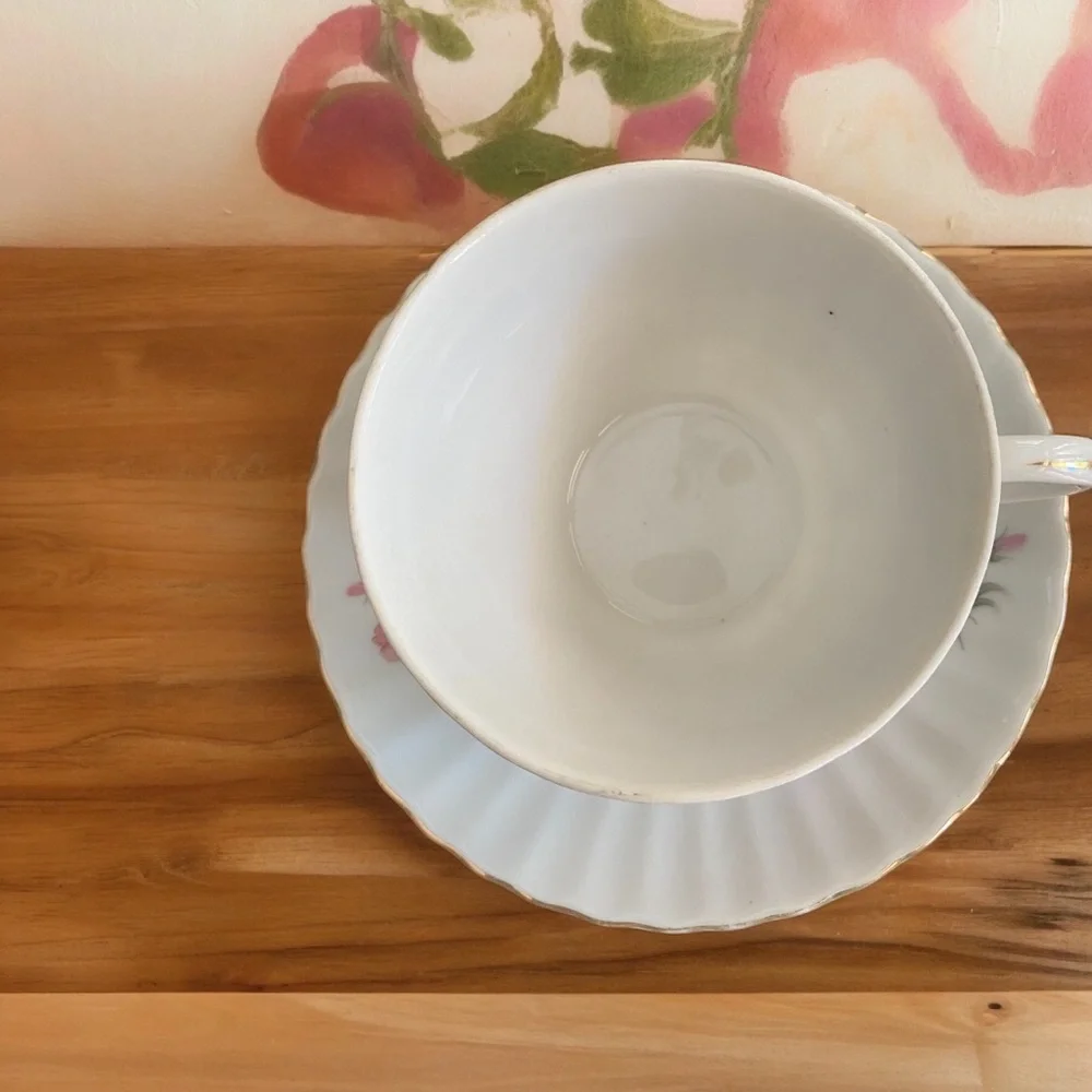 Antique Nippon Teacup and Saucer Hand Painted Pink Floral Gold Trim Fine China
